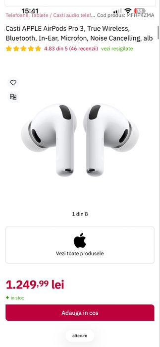 Casti APPLE AirPods Pro 3, True Wireless, Bluetooth, In-Ear