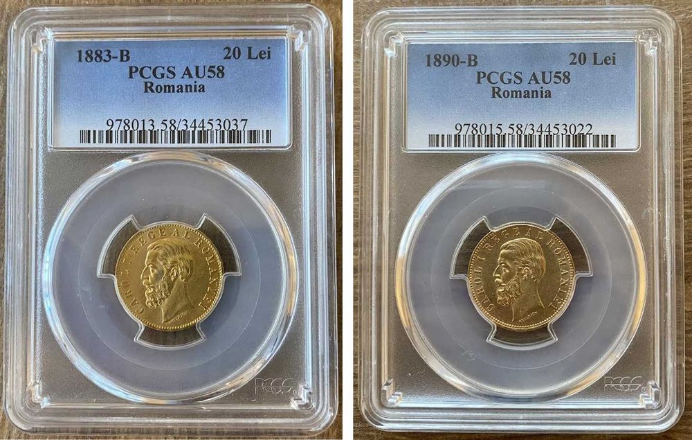 Lot doua monede AUR 20 lei 1883 si 20 lei 1890, Carol I, Romania