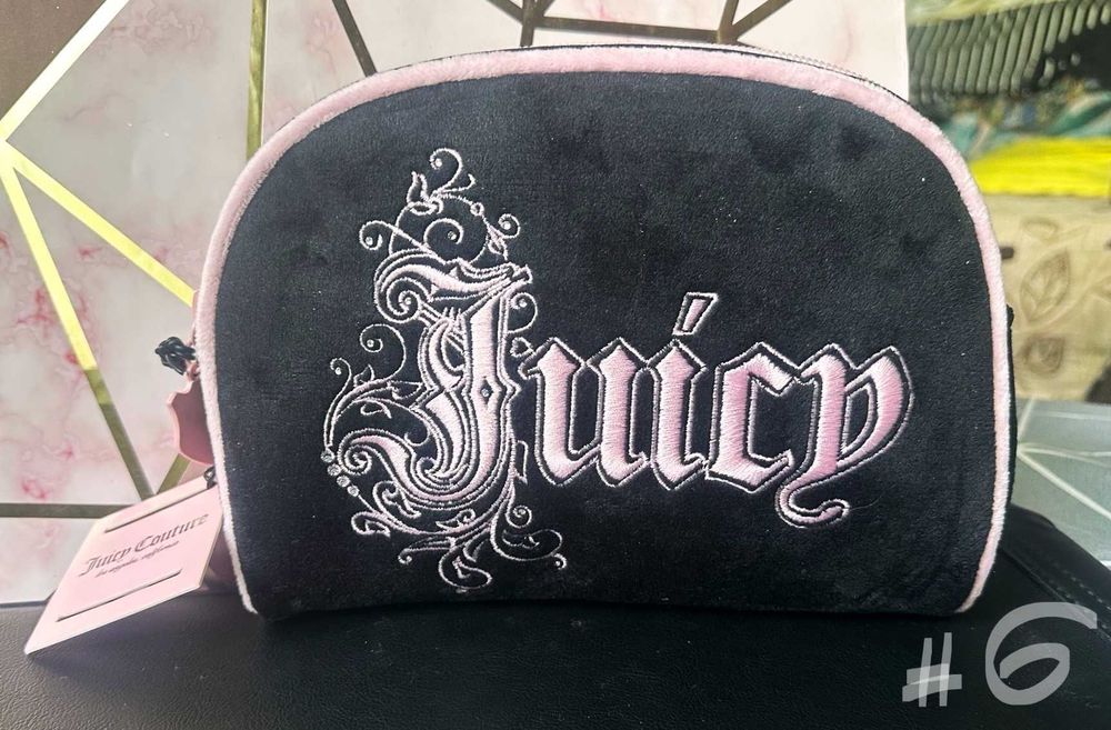 JUICY COUTURE Розова Златна Бродерия и Кристали Велурена Козметична Чанта/Несесер Средна НОВА с Етикет