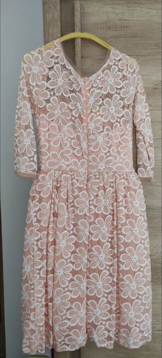 Rochie cocktail corai 40. Brau cu funda, model dantela