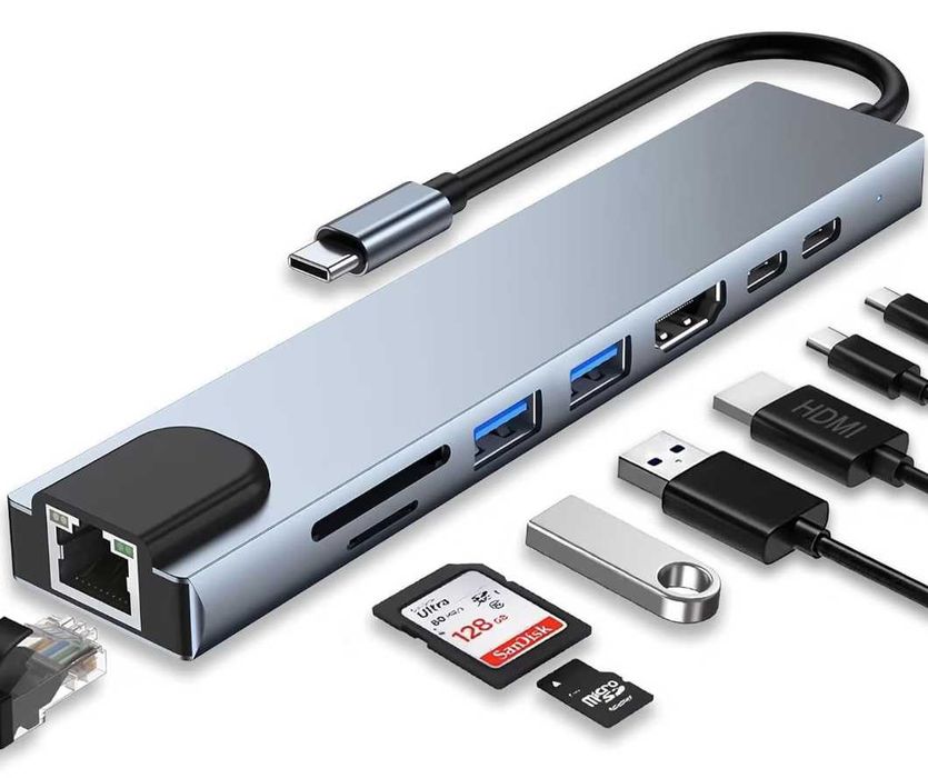 8 в 1 USB C хъб адаптер, със слот за SD/TF карта, HDMI 4K, USB 3.0/2.0