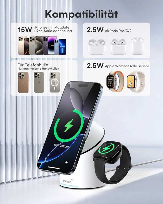 Безжична зарядна станция 3-в-1 ZEEHOO Qi2 за Apple (Нова)