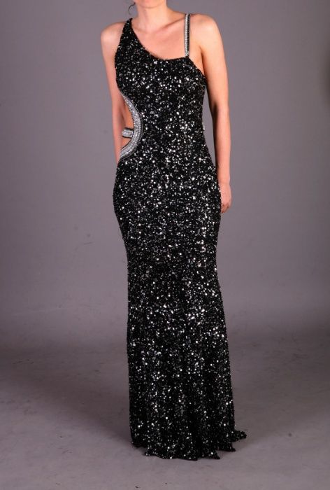 Rochie de nasa ocazii speciale neagra cu paiete cu decupaj lateral