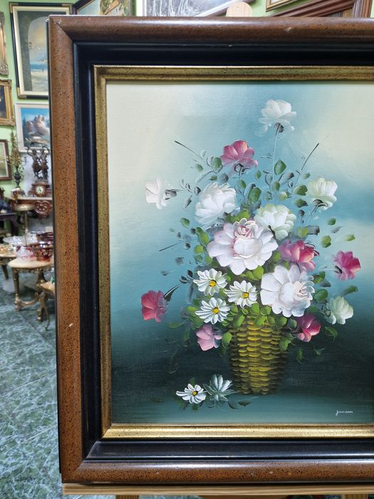 Прекрасна антикварна авторска картина масло платно натюрморт