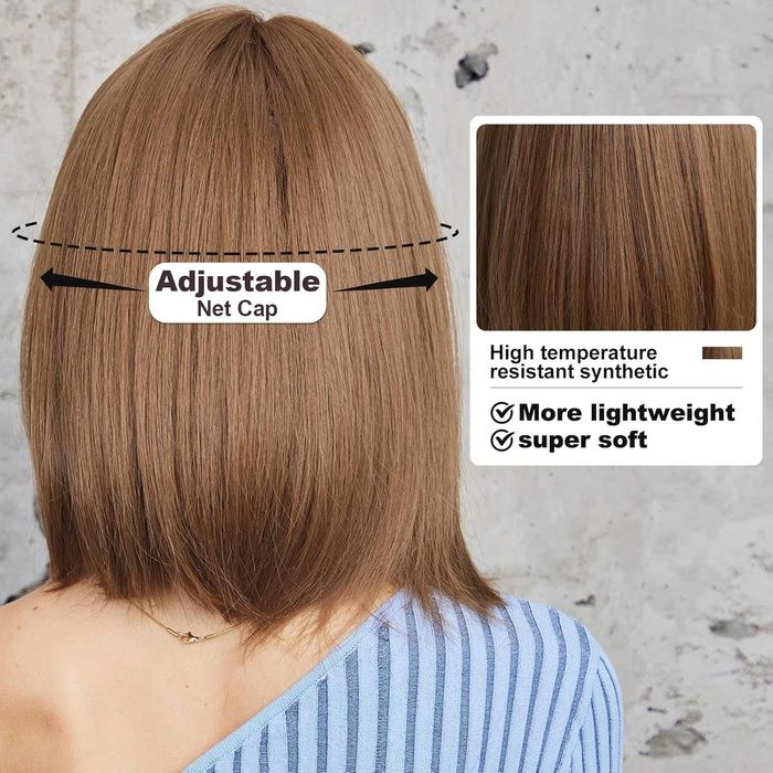 Кафява права синтетична перука с бретон - 35 см