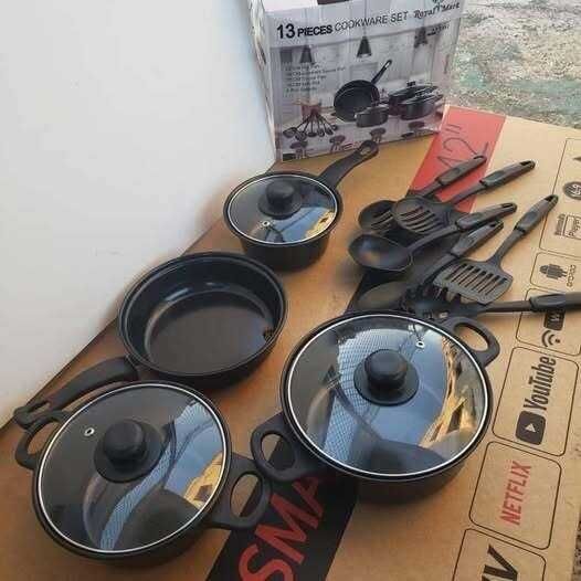 Комплект съдове за готвене от 13 части, Незалепващо покритие, Черни