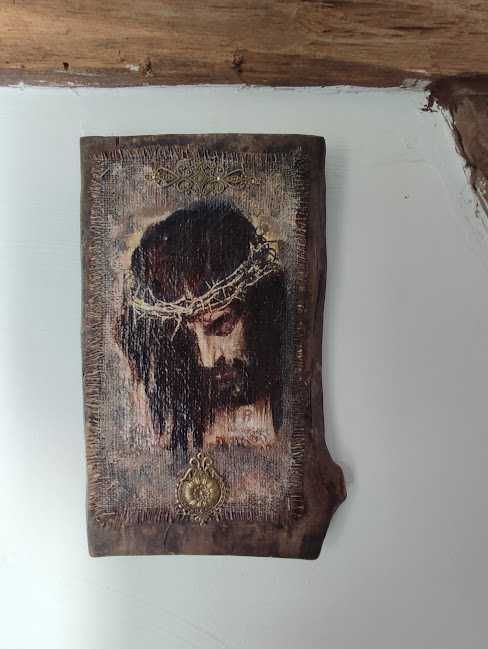 Icoană rustică pe lemn masiv– Isus cu coroană de spini