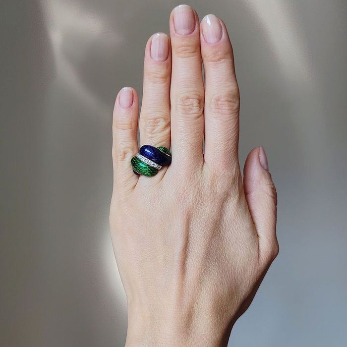 Inel designer Italia 1960, aur 18k cu email si diamante, certif.