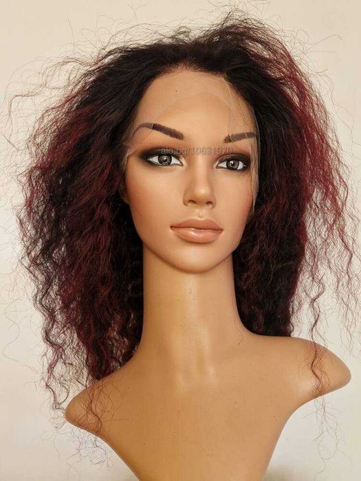 Естествена афро перука черна с тъмно червени кичури с дантела 13х4