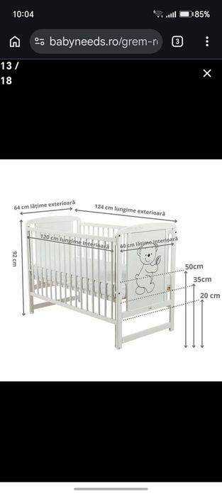 Pătuț din lemn cu laterala culisanta + saltea cocos