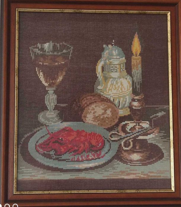 Ръчно ушит гоблен "Натюрморт с рак" с рамка