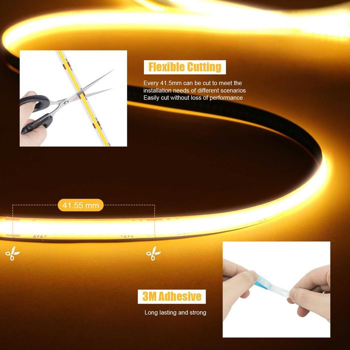 Bandă LED COB 6 m, alb cald 2700K, 24V, telecomandă RF