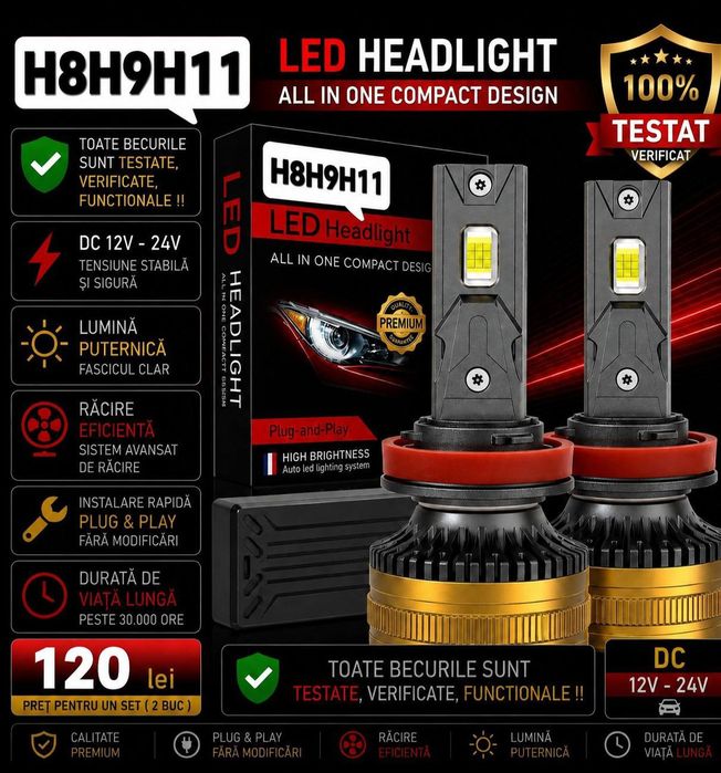 Becuri LED H8 H9 H11  Canbus 12V-24V 60000LM set 2buc