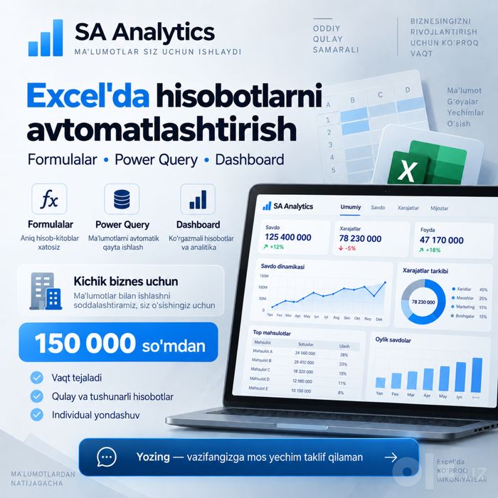 Excel avtomatlashtirish | Hisobotlar | Dashboard | Analitika