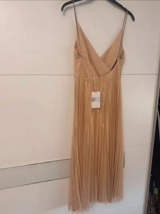 Rochie Nissa midi cu pliuri si bretele, auriu S