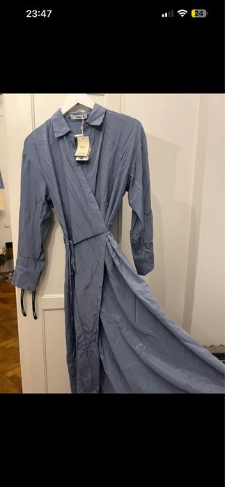 Rochie MANGO albastru regal S-M tip cămașă lungă cu mâneci