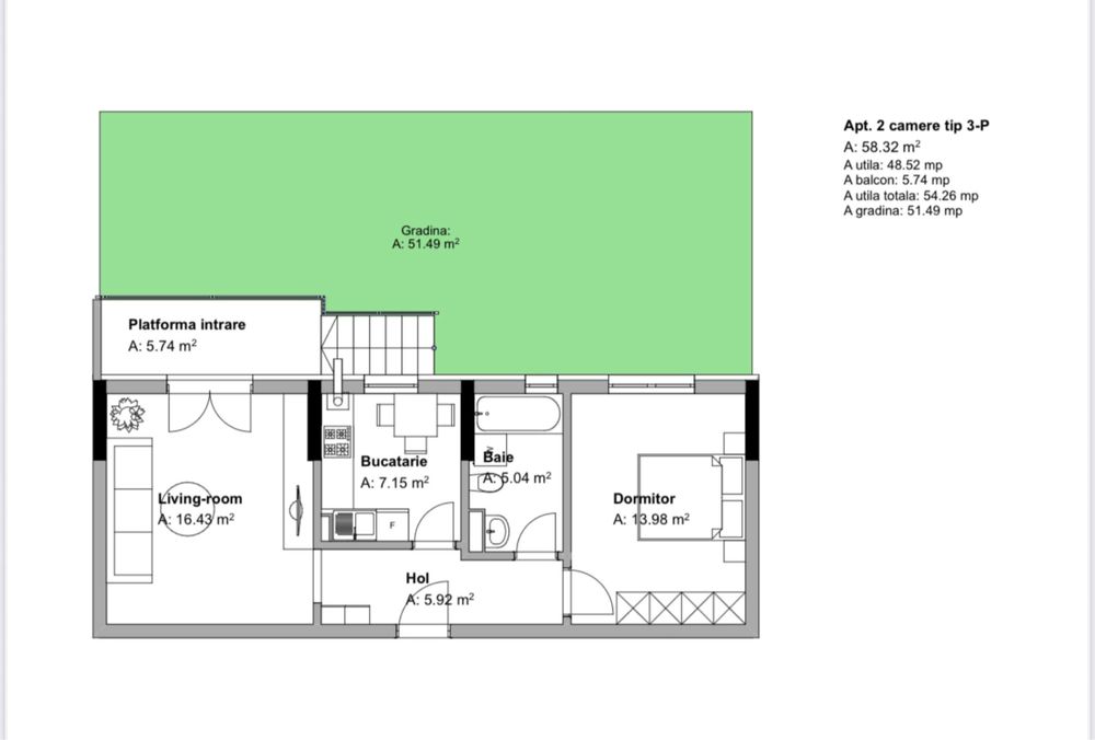 Apartament cu 2 Camere si Gradina
