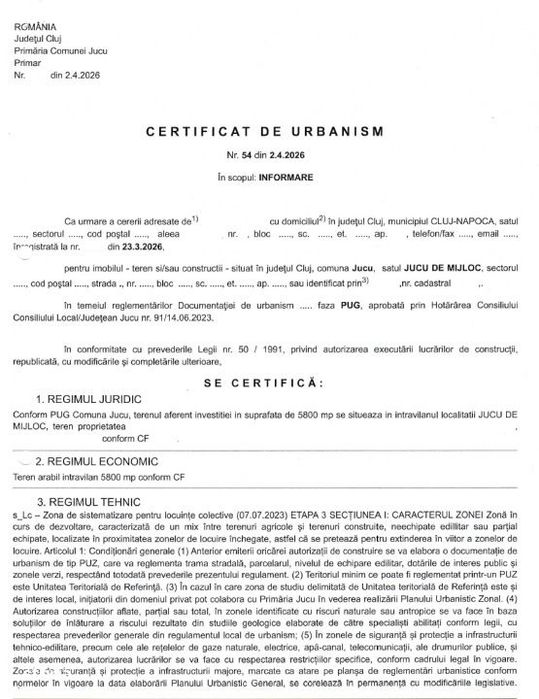 0% Comision - 5.800 mp pentru Dezvoltare Rezidentiala in Jucu