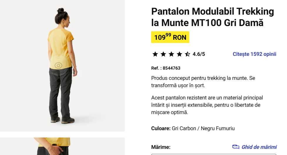 Pantalon Modulabil Trekking Munte MT100 Gri Damă Marime : 40 (L31)