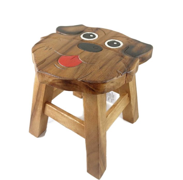 Дървено детско столче  КУЧЕ с цветна дърворезба