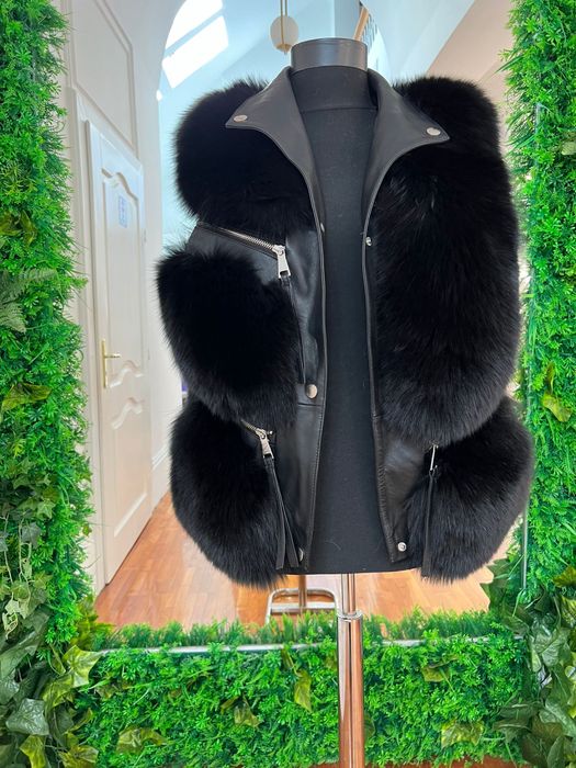 Vesta Blana de Vulpe si piele de vitel, marime M negru