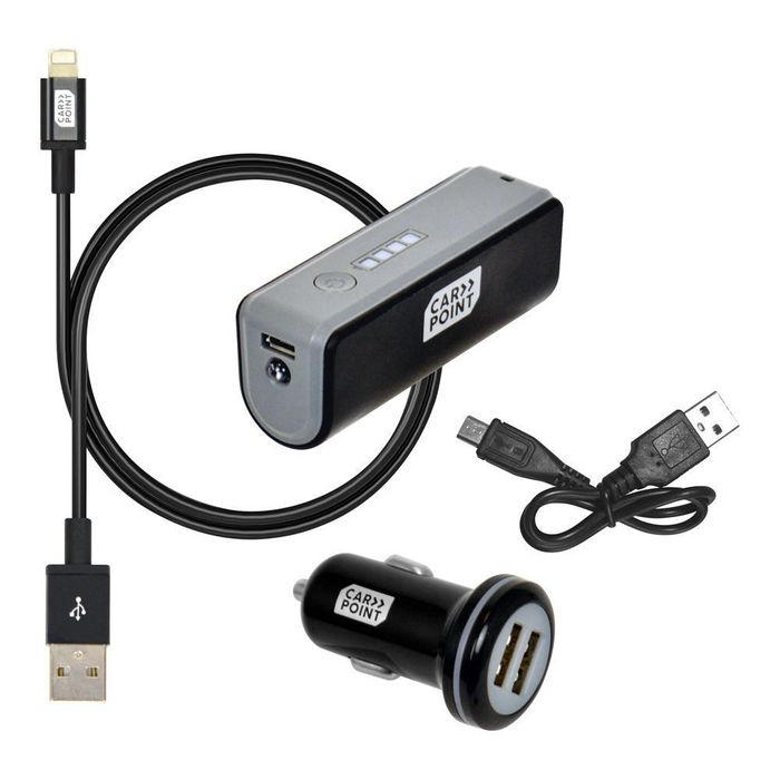 Set incarcare telefon Carpoint Deluxe, incarcator bricheta cu 2 iesiri USB, cablu cu cablu conector hibrid MicroUSB MFi Dock 8pin si acumulator extern 2200mAh,