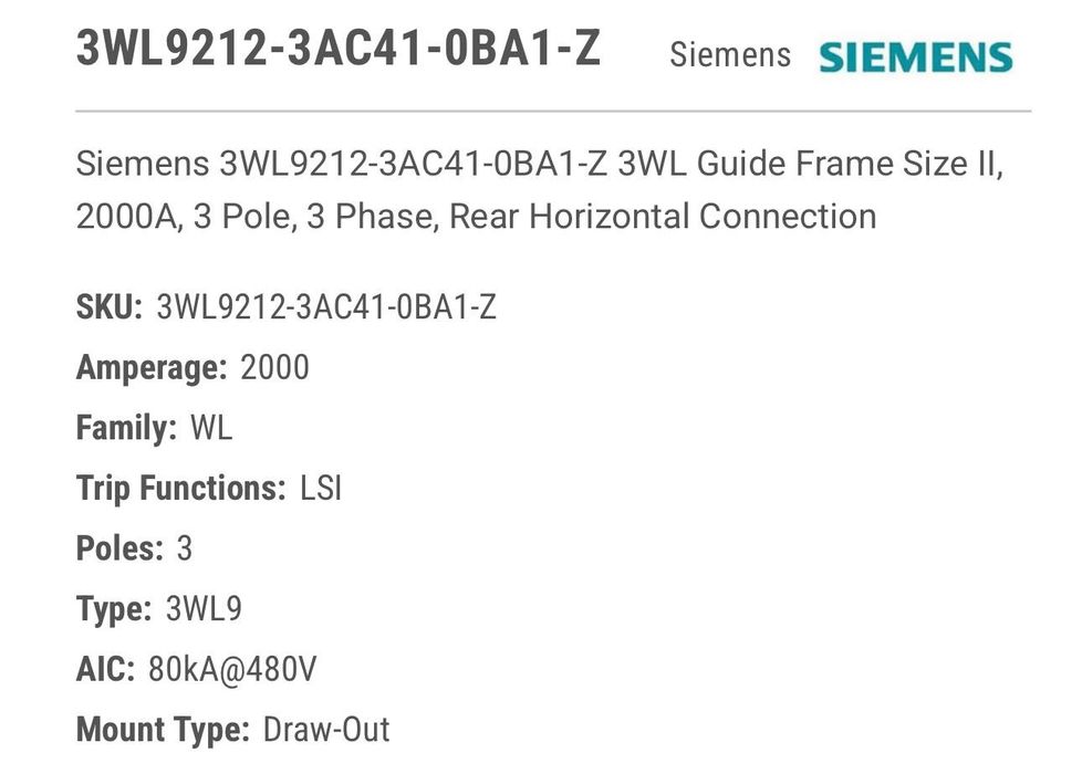 Siemens 3WL9212-3AE31-0BA1Z Air Circuit Breaker ACB 2000A 1000V AC
