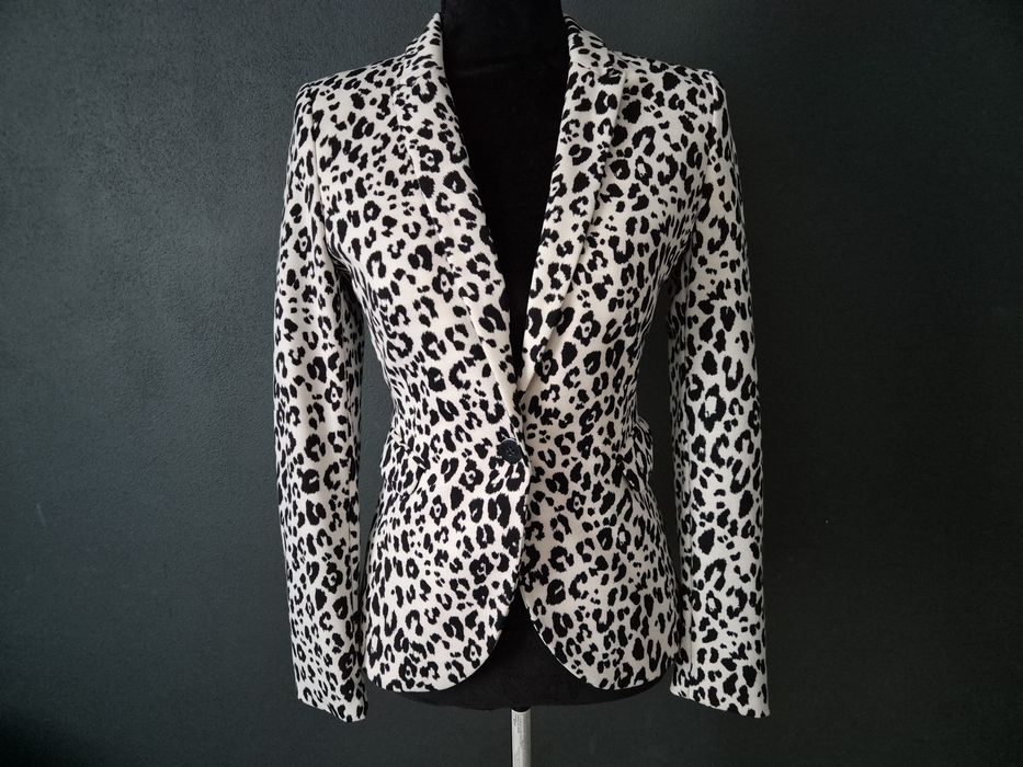 Sacou Blazer H&M Print Leopard Alb-Negru, Mărime EUR 34 (XS) – Office/Casual Șic