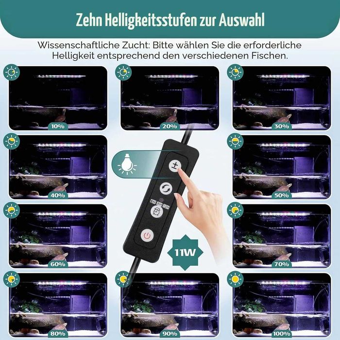 Lampa LED pentru acvariu hygger, spectru complet, 11 W, 10 niveluri de luminozitate, temporizator, 3 moduri, 30-48 cm