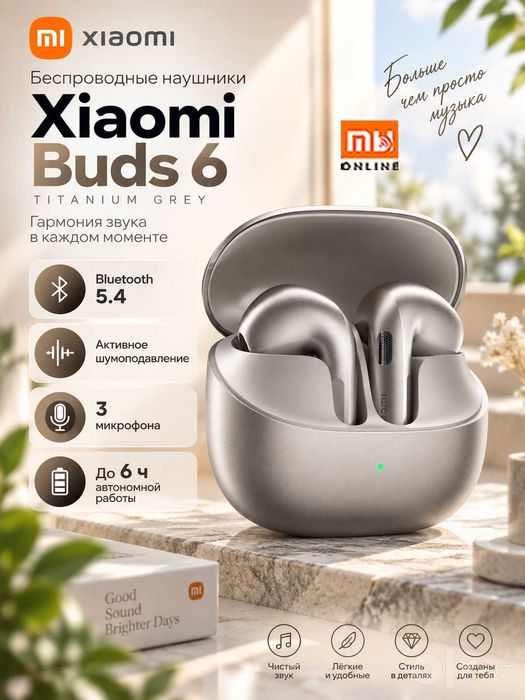 Оригинальные Беспроводные наушники Xiaomi Buds 6 (Titanium серый)