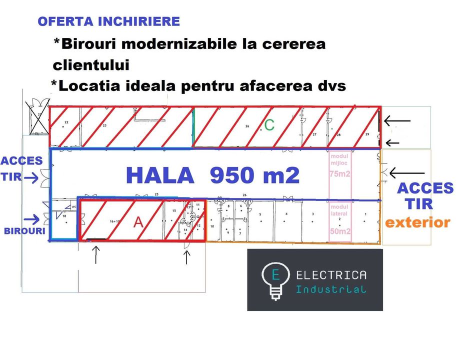 Proprietate industriala de inchirat 950 m2 Hala + Birouri
