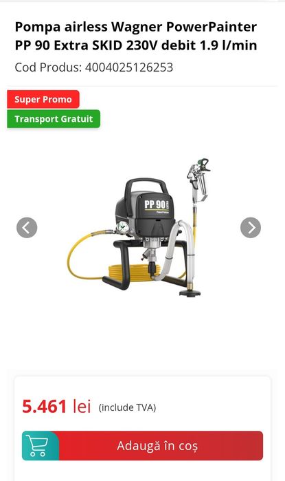 Pompa vopsit airless Wagner PP 90 Extra SKID 230V debit 1.9 l/min NOU!