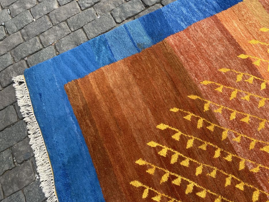 Винтидж индийски вълнен килим India 1980 геометричен ръчна изработка