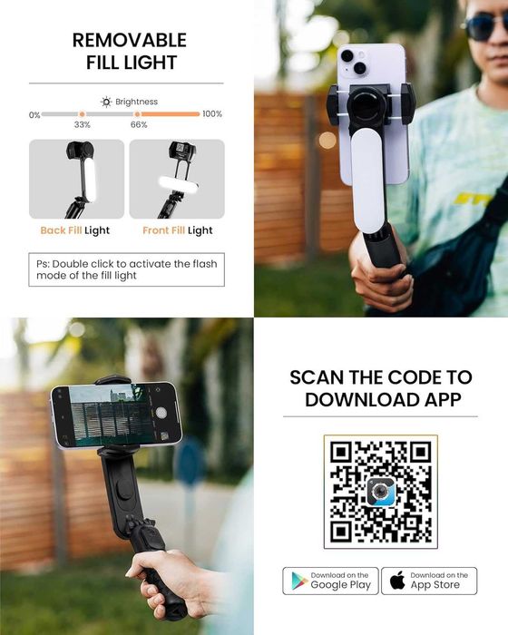 ESSAGER Gimbal трипод с подвижна запълваща светлина за iPhone ,Android