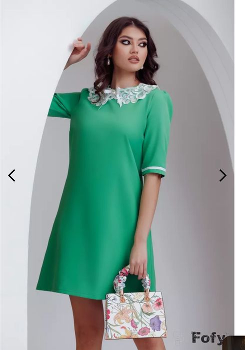 Rochie eleganta Fofy, mar M/38, croi in A verde tonic cu guler brodat