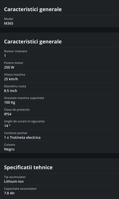 Trotineta electrica Xiaomi Mijia M365, viteza 25 km/h, autonomie 30 km, roti 8.5", timp de incarcare 5h