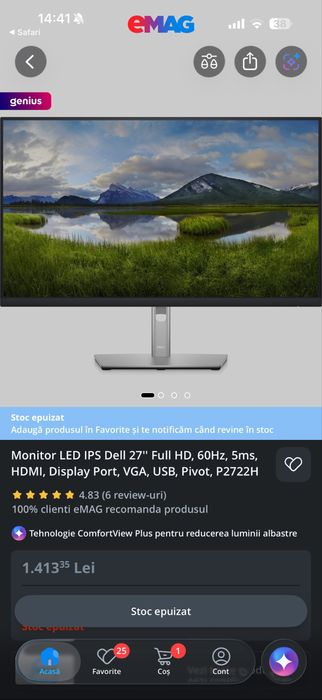 Monitor LED IPS Dell 27'' Full HD, 60Hz, 5ms, HDMI, Display Port, VGA, USB, Pivot, P2722H