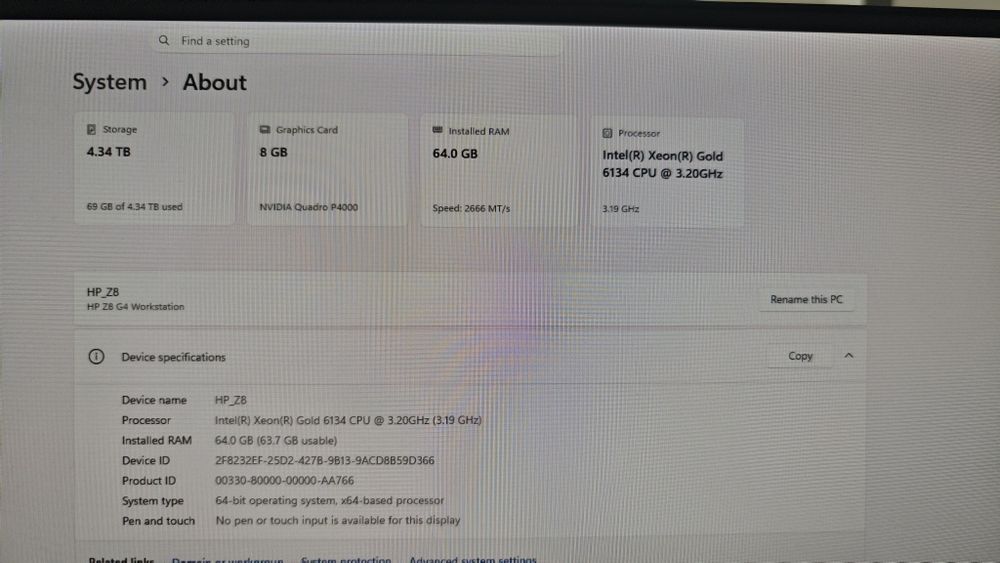 HP Z8 G4 Workstation XEON 6134 GOLD 3.2Ghz 64GB RAM QUADRO P4000 8GB 256+512GB NVMe SSD 4TB SATA