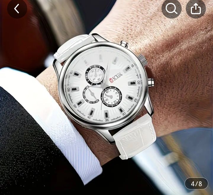 Мъжки Луксозен Моден Кръгъл Kварцов Часовник с бяла каишка