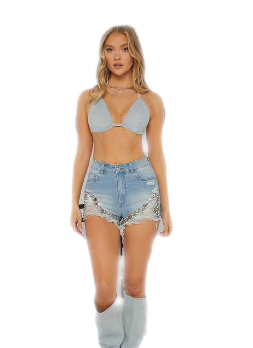 Blugi scurti short denim cu pietre si aplicatii