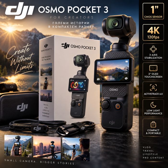 Компактна 4K vlog камера с 3-осен механичен гимбал DJI Osmo Pocket 3 – 1” CMOS, 4K/120fps