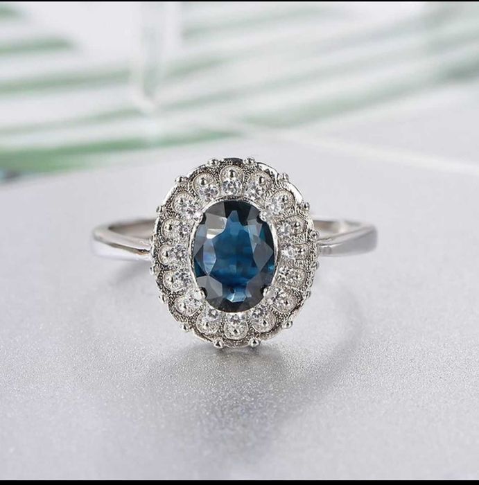 Set: Inel argint 925 placat cu platina, Safir + Colier argint 925 placat cu platina, Pandantiv Safir