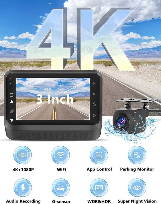 Otovoda Видеорегистратор за автомобили с предна и задна камера, 4K+1080P WiFi двойна видеокамера