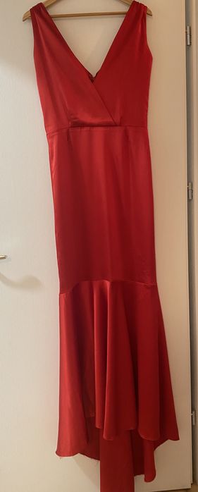 Rochie de seara rosie din matase naturala ( stil sirena, cu trena)