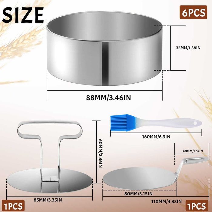 Set 6 inele pentru desert din inox, 8,8 x 3,5 cm, cu presă, spatulă de ridicare și pensulă din silicon