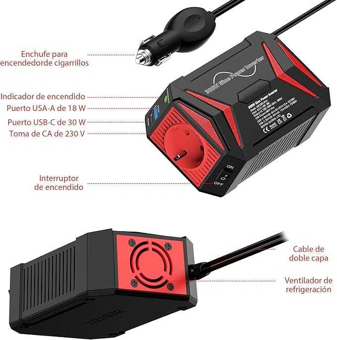 Invertor Auto Onda Pure 300W, Transformator Invertor 12V la 220V