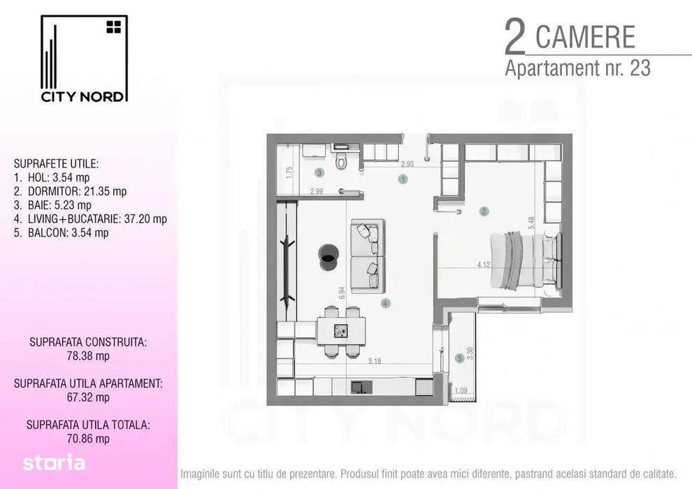 Apartament Modern 2 Camere cu Dormitor Uriaș de 21 mp