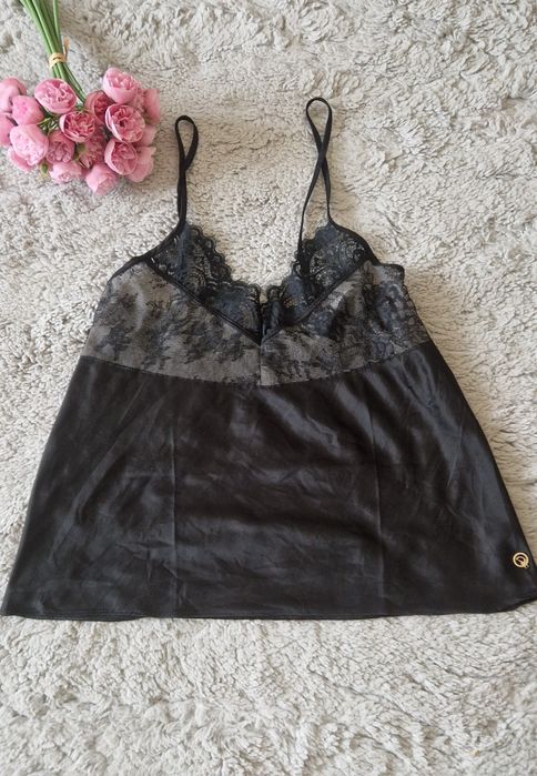 Maieu satinat negru, cu dantela, Doutzen's Stories