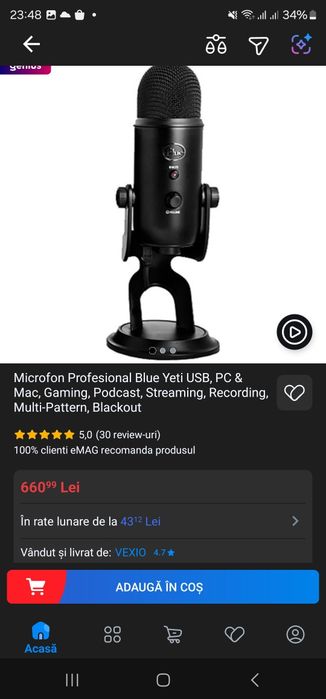 Microfon Profesional Blue Yeti USB, PC & Mac, Gaming, Podcast