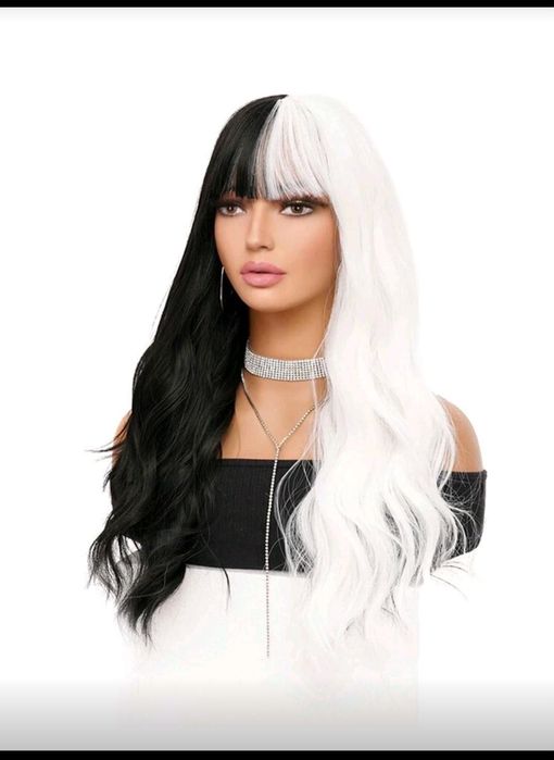 Черно-бяла перука с дълъг косъм, чисто нова!